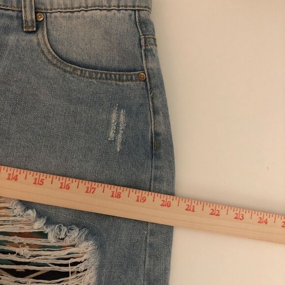 Fashion Express Denim Mini Skirt Sz L Distressed Ripped Raw Hem Festival Trendy - Picture 8 of 8